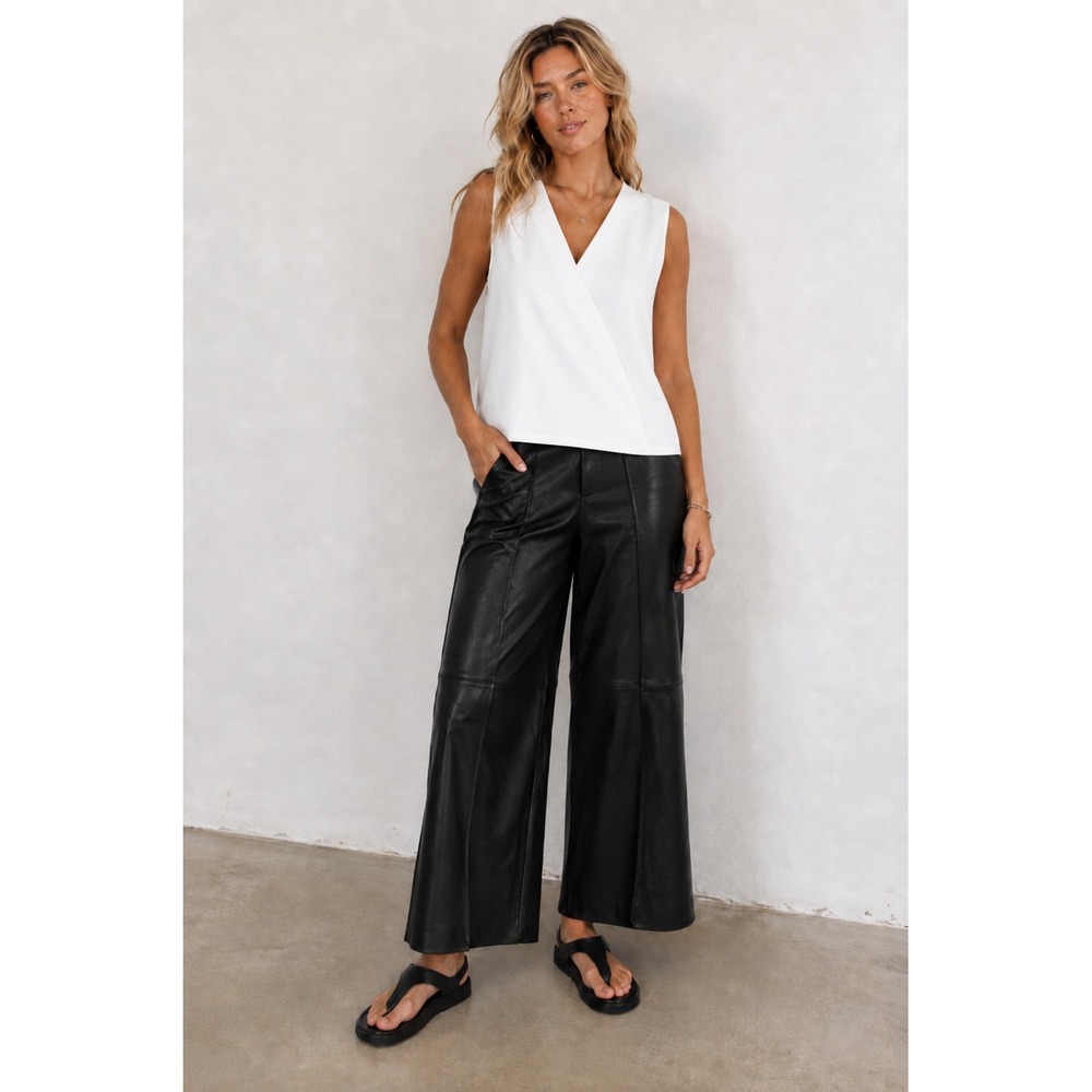 COS High Waisted Pintuck Wide Leg Seamed Real Leather Trousers Pants Black Sz 8